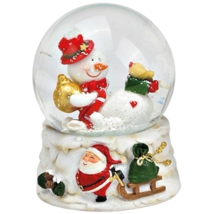 Snöglob med snögubbe och fågel