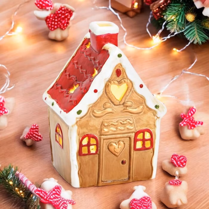 Pepparkakshus med rött tak, LED-ljus