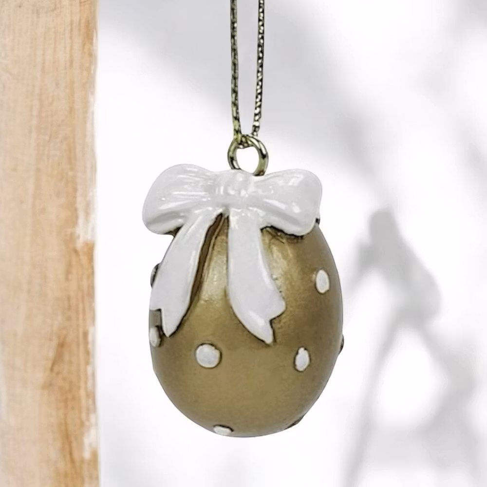 Ägg att hänga, guld med vit rosett