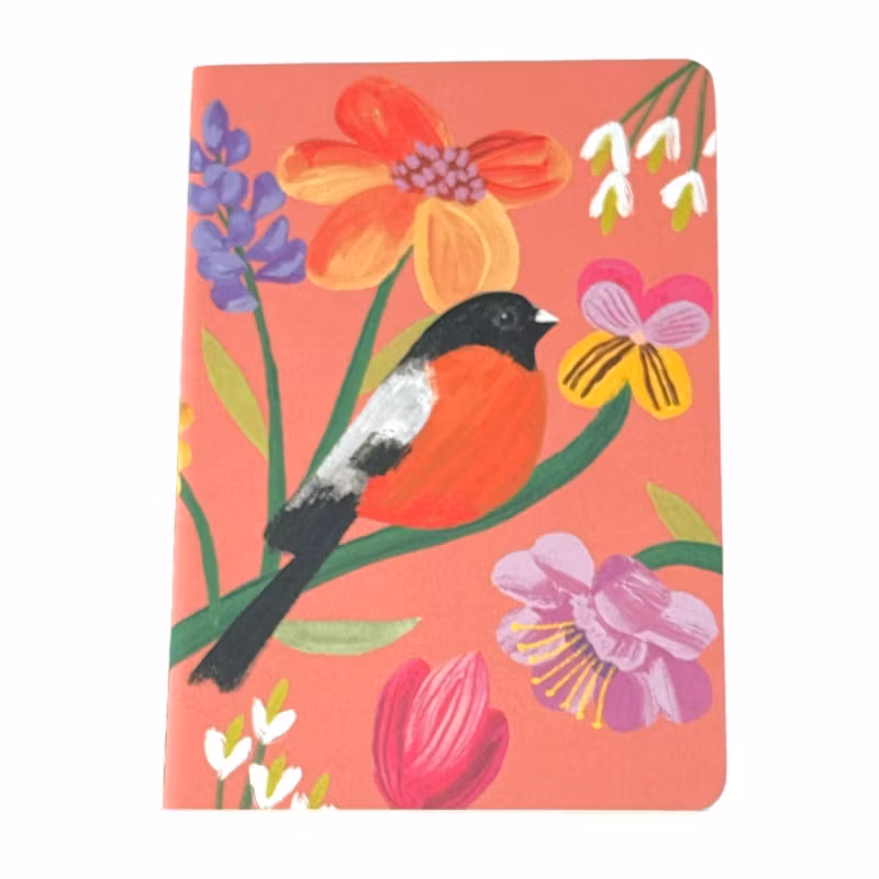 Skrivbok, rosa med fågel
