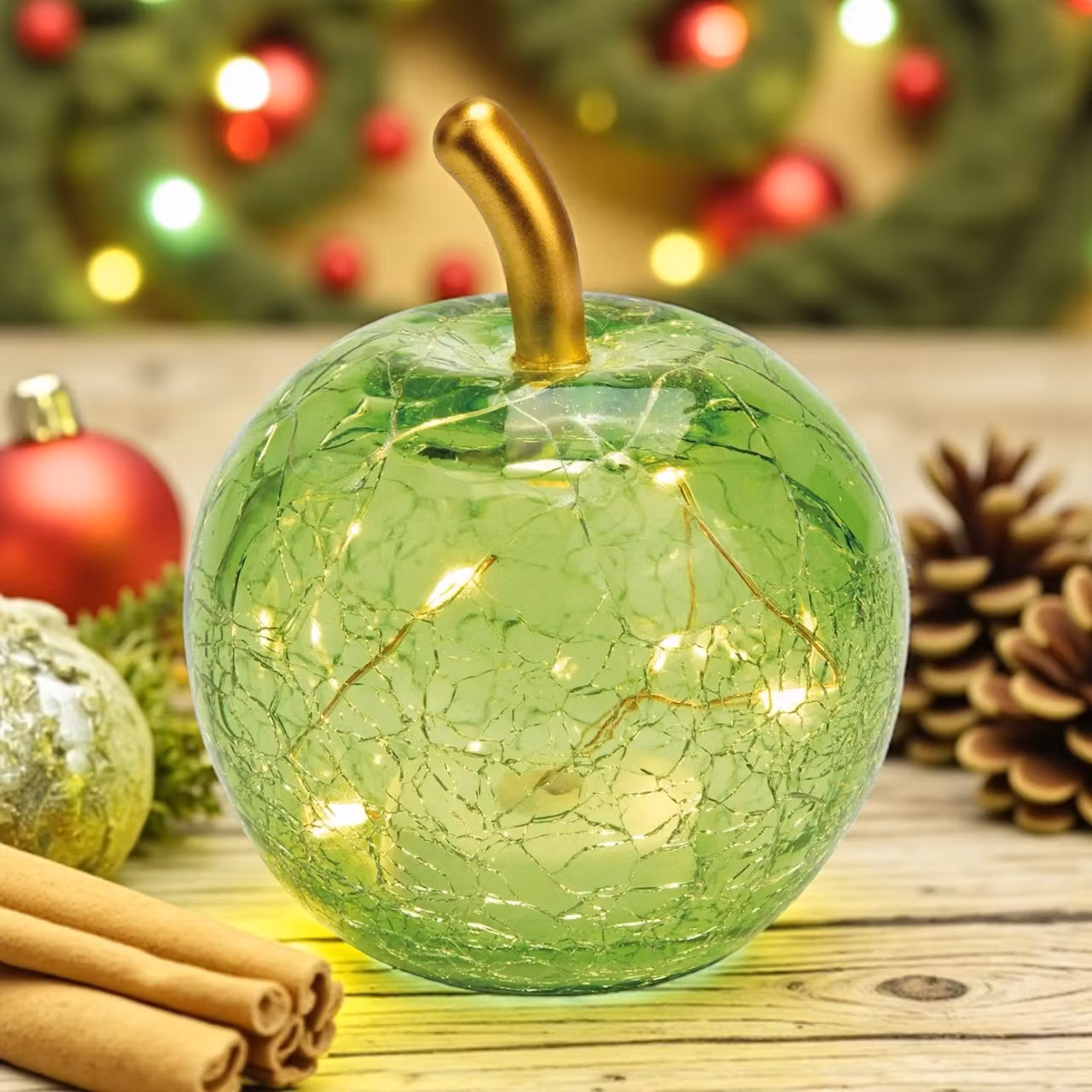 Glasäpple, grönt LED-ljus