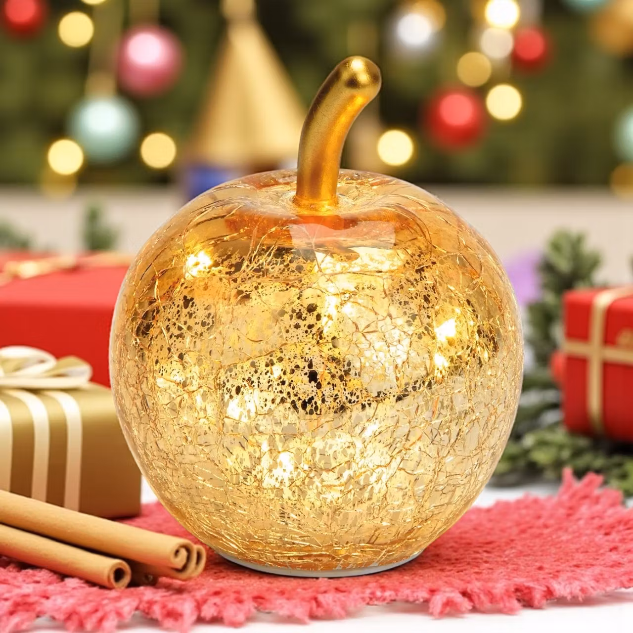 Glasäpple, guld LED-ljus