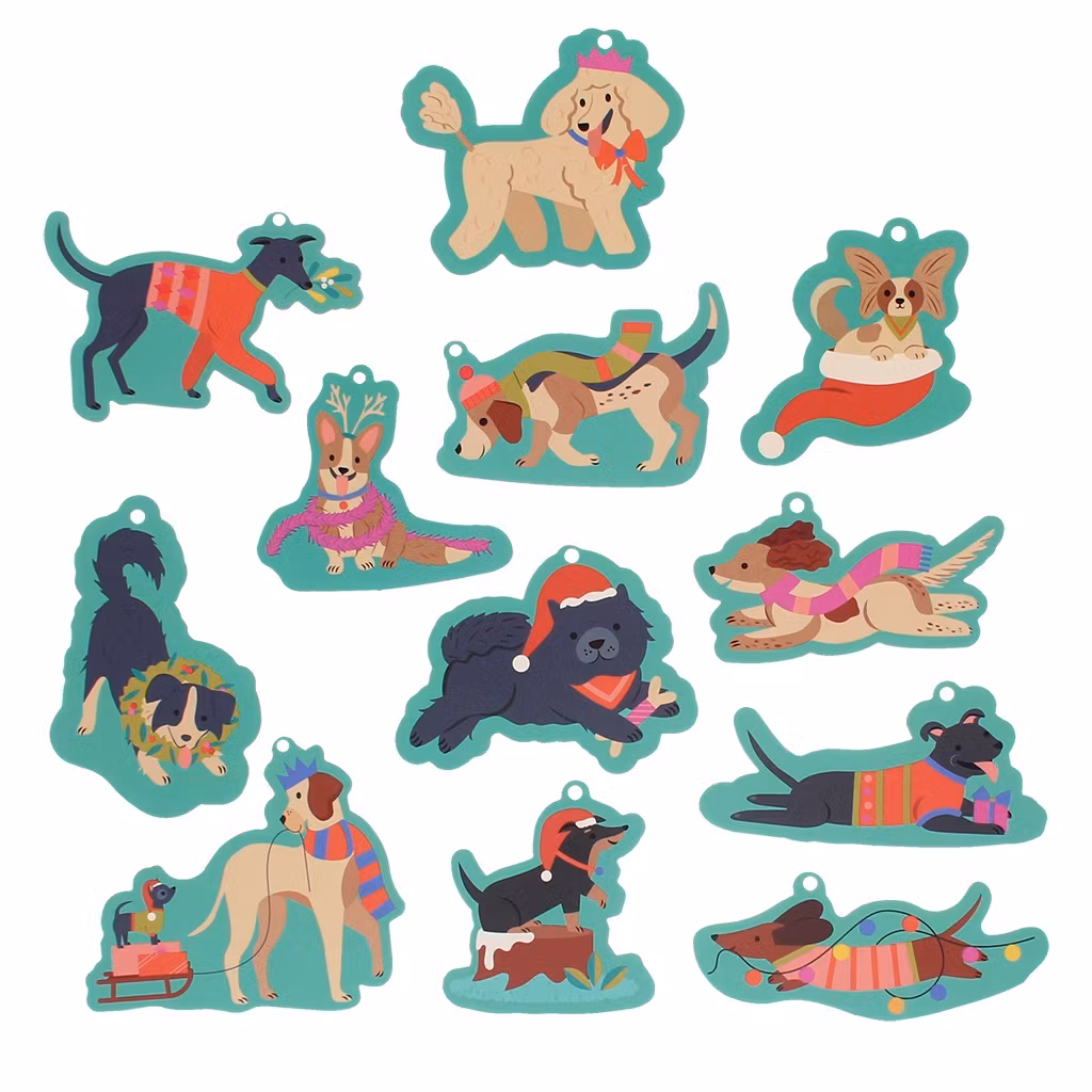 Julklappsetiketter med hundmotiv – 12-pack