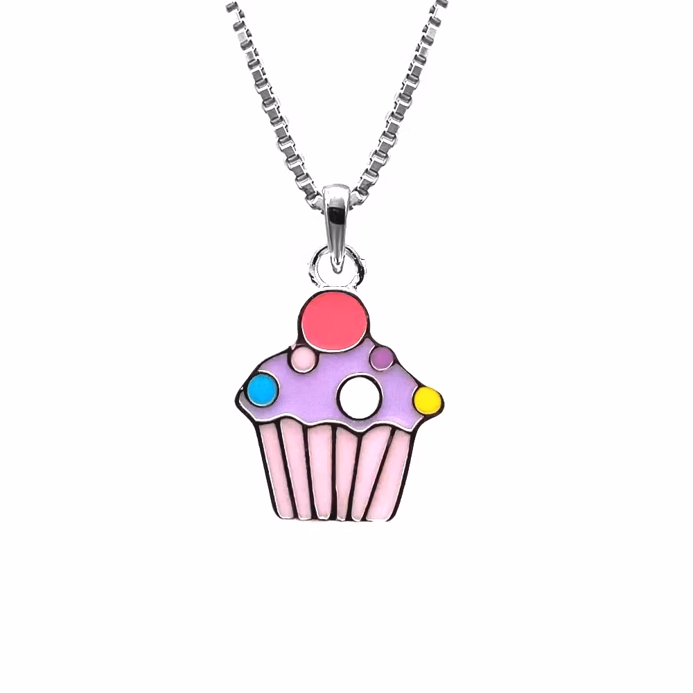 Doppresent flicka - halsband i silver med söt lila Cupcake