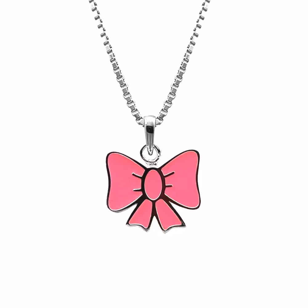 Doppresent flicka - halsband i silver med söt rosa Rosett