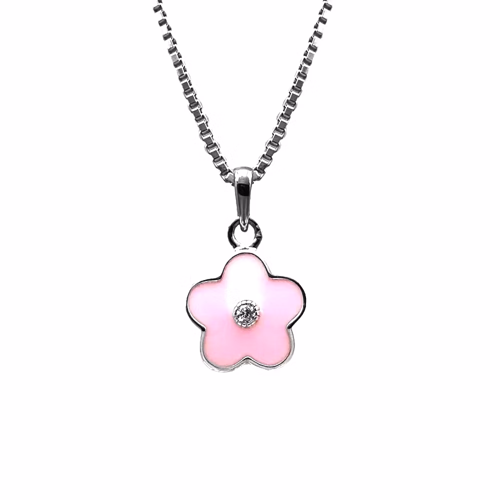 Doppresent flicka - halsband i silver med söt rosa Blomma