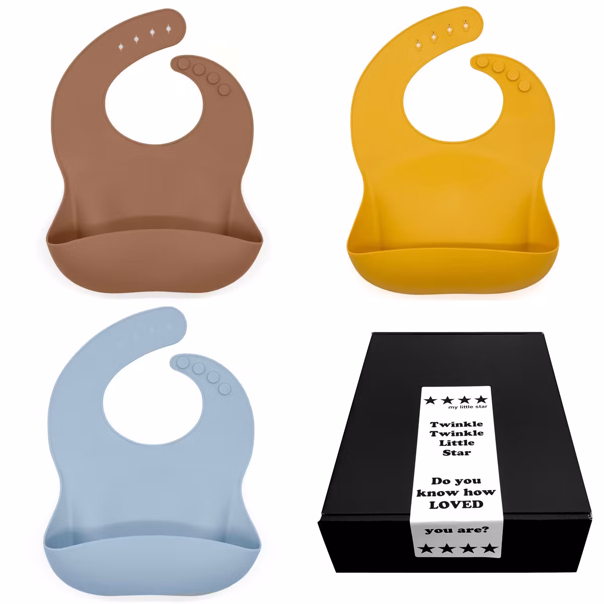 Mjuk haklapp till bebis & barn i silikon 3-pack i presentask brun, gul, blå