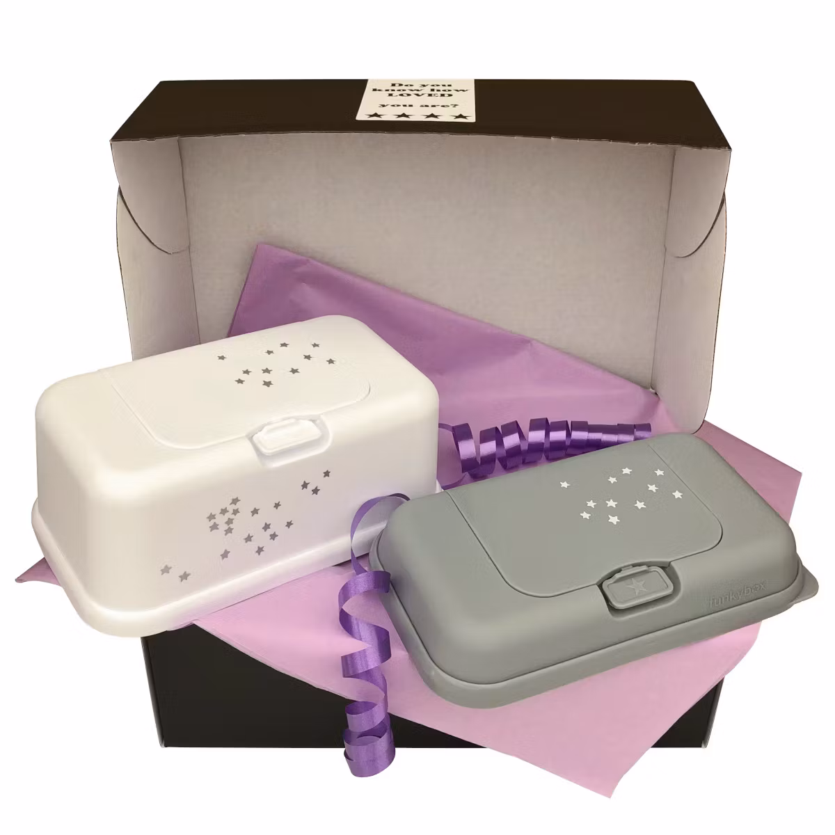 Funkybox present White Little Stars och ToGo Grey, bebispresent, nyfödd, babyshower
