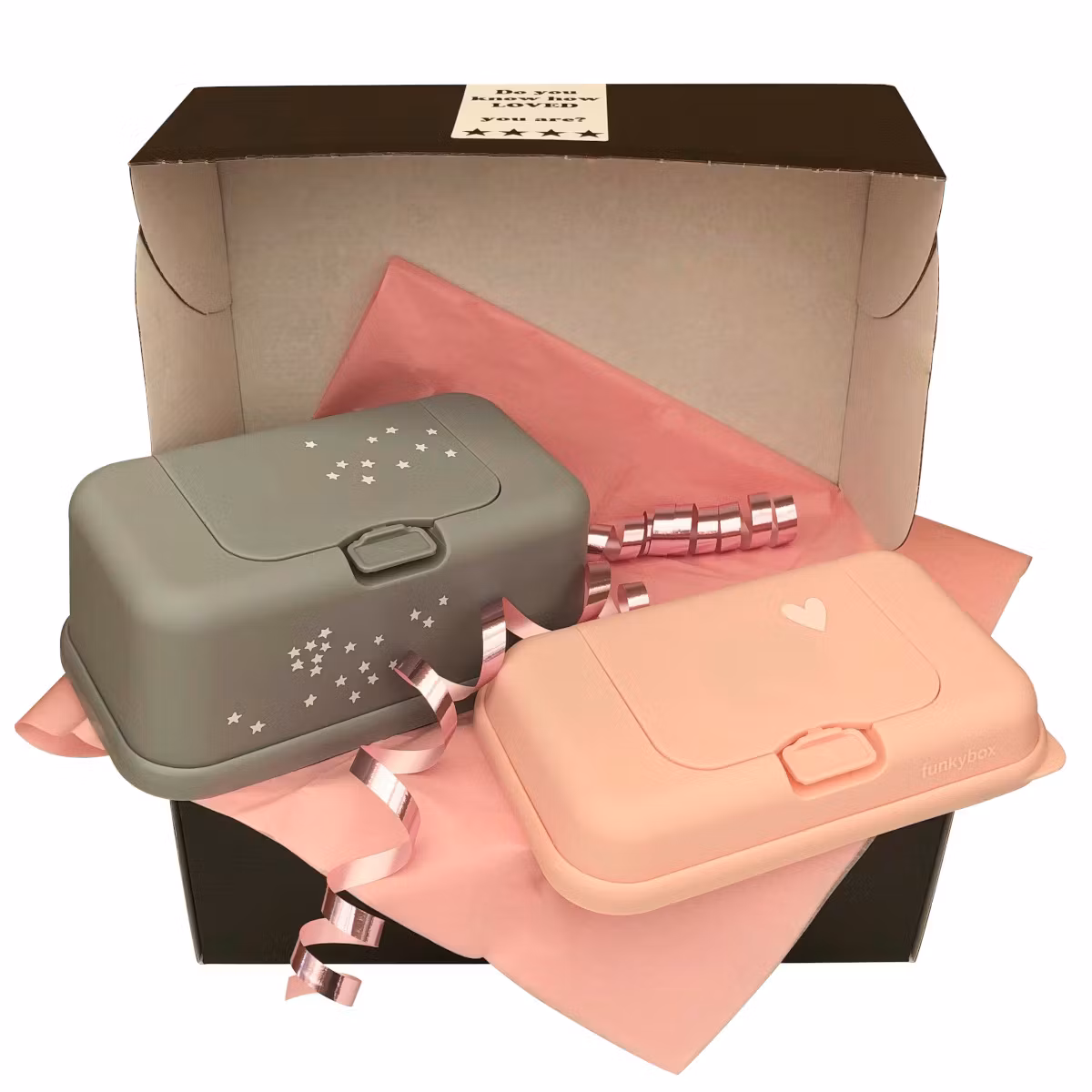 Funkybox present Grey Little Stars & ToGo Pale Pink Heart, bebispresent, nyfödd, babyshower