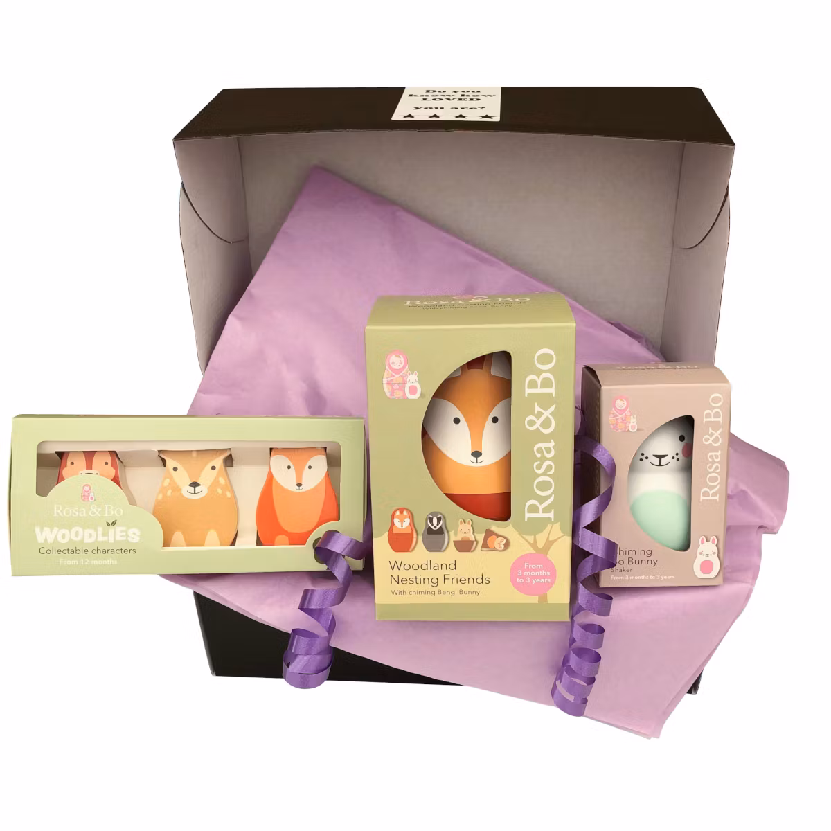 Babypresent - Woodlies träleksak, Rosa & Bo babyleksak och Skallra Kanin