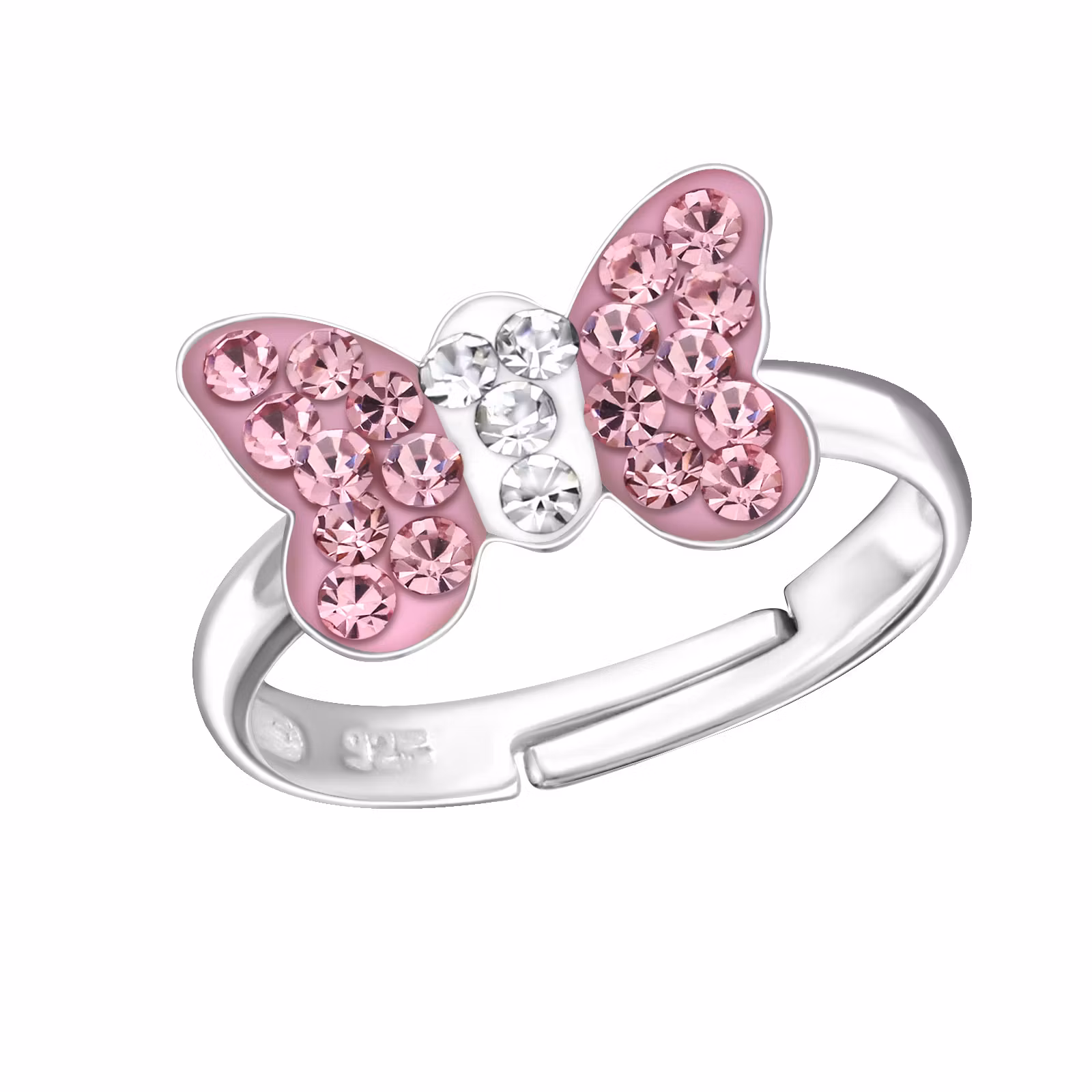 Ring till barn Fjäril ljusrosa glitter -  söt, justerbar silverring - en barnring i äkta silver