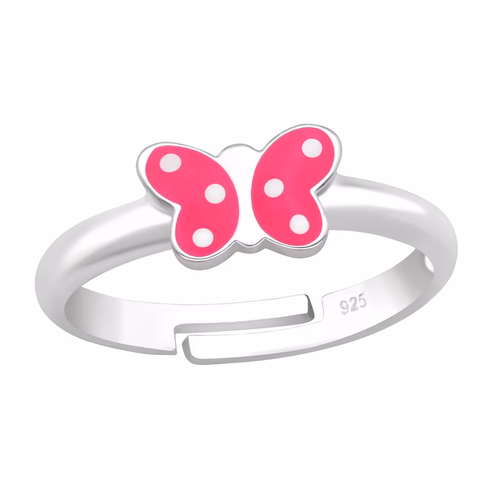 Ring till barn Fjäril rosa prickig - söt, justerbar silverring - en barnring i äkta silver