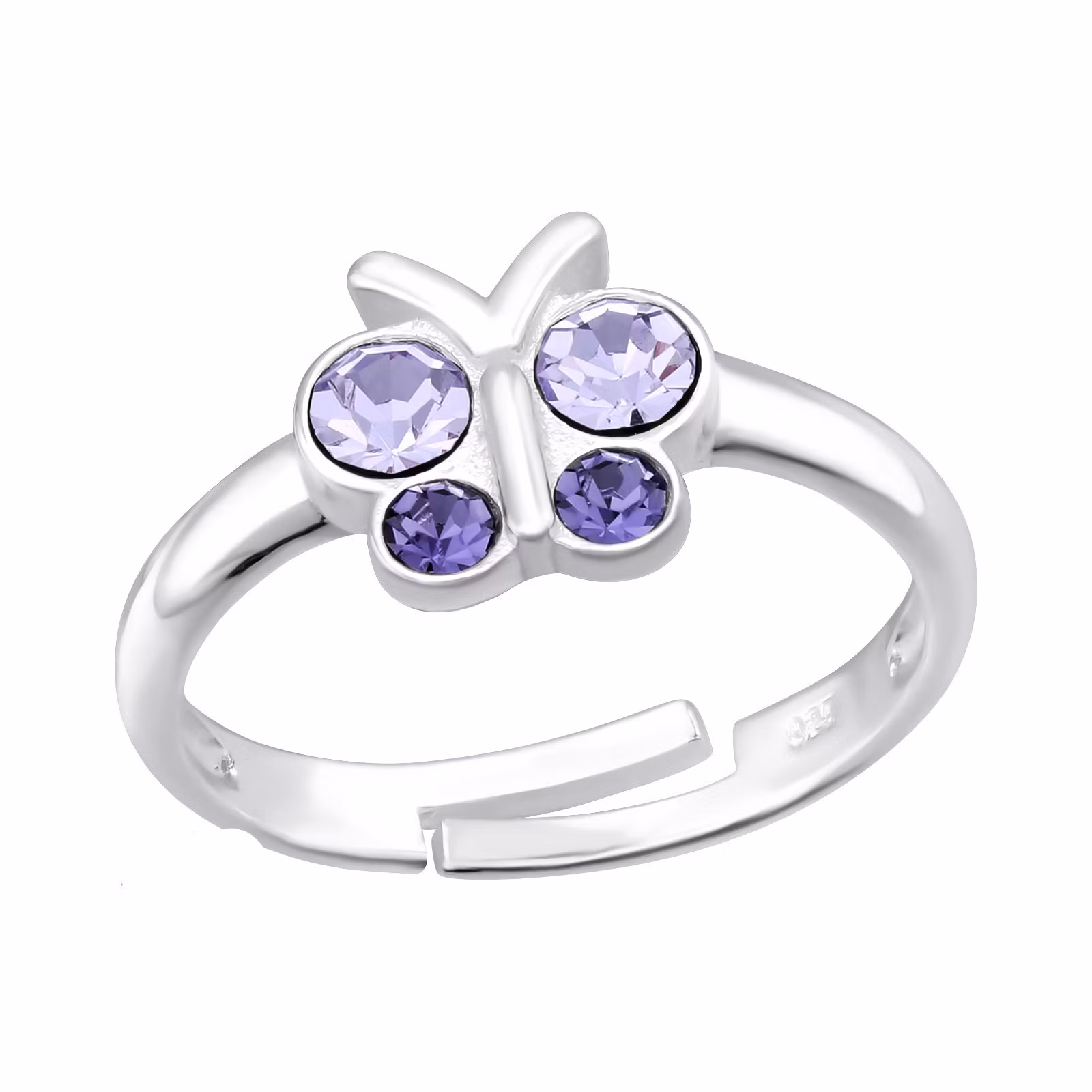 Ring till barn Fjäril lila stenar - söt, justerbar silverring - en barnring i äkta silver