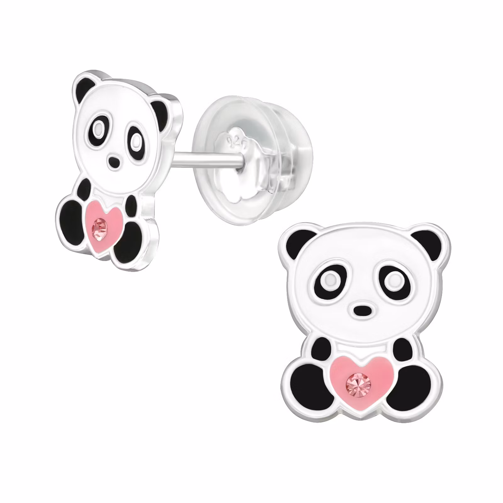 Barnörhängen Panda rosa hjärta - Sweethearts örhängen till barn med pandor i äkta 925  sterling silver
