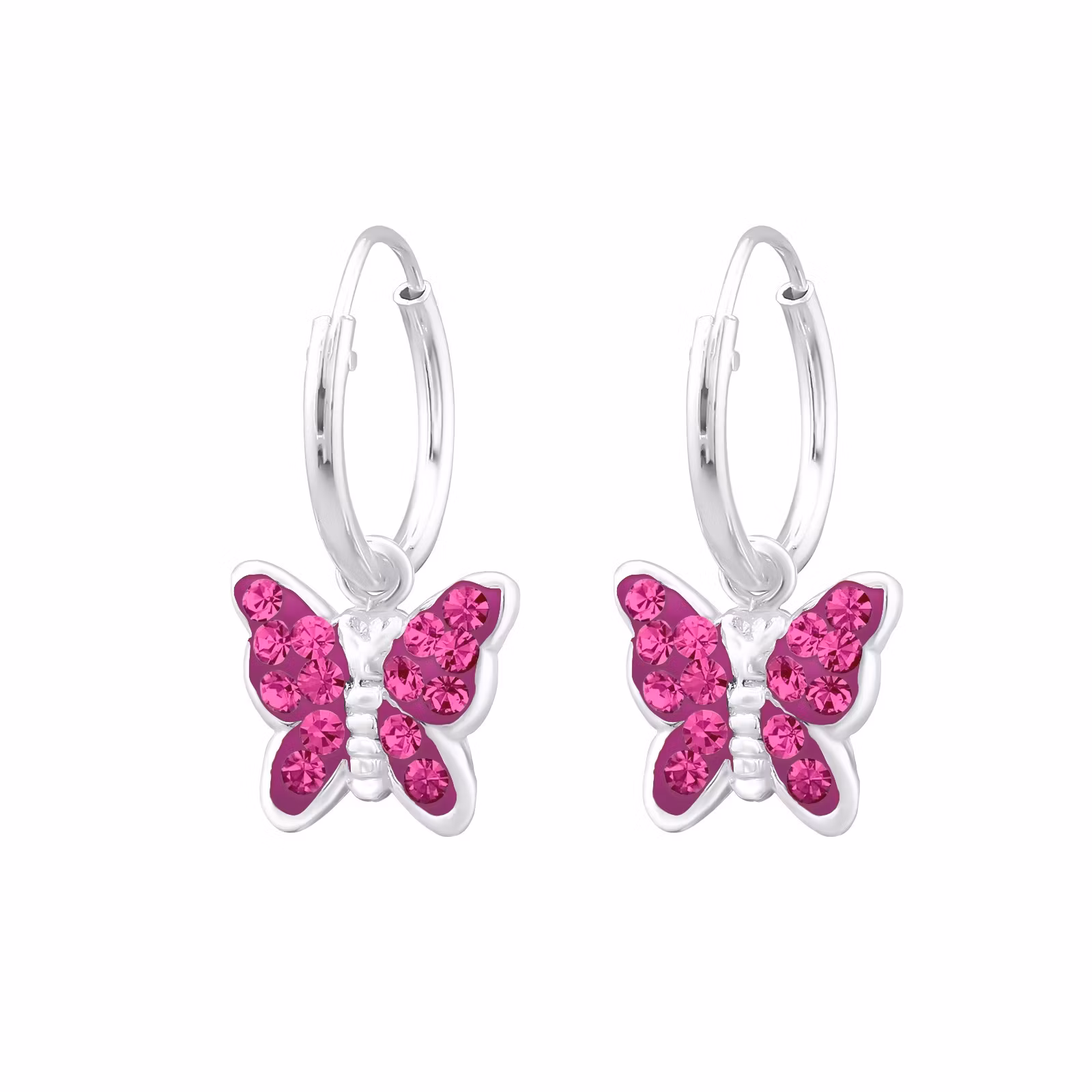 Hängande örhängen till barn - ringar med cerise Fjäril - barnörhängen med fjärilar i äkta 925 sterling silver