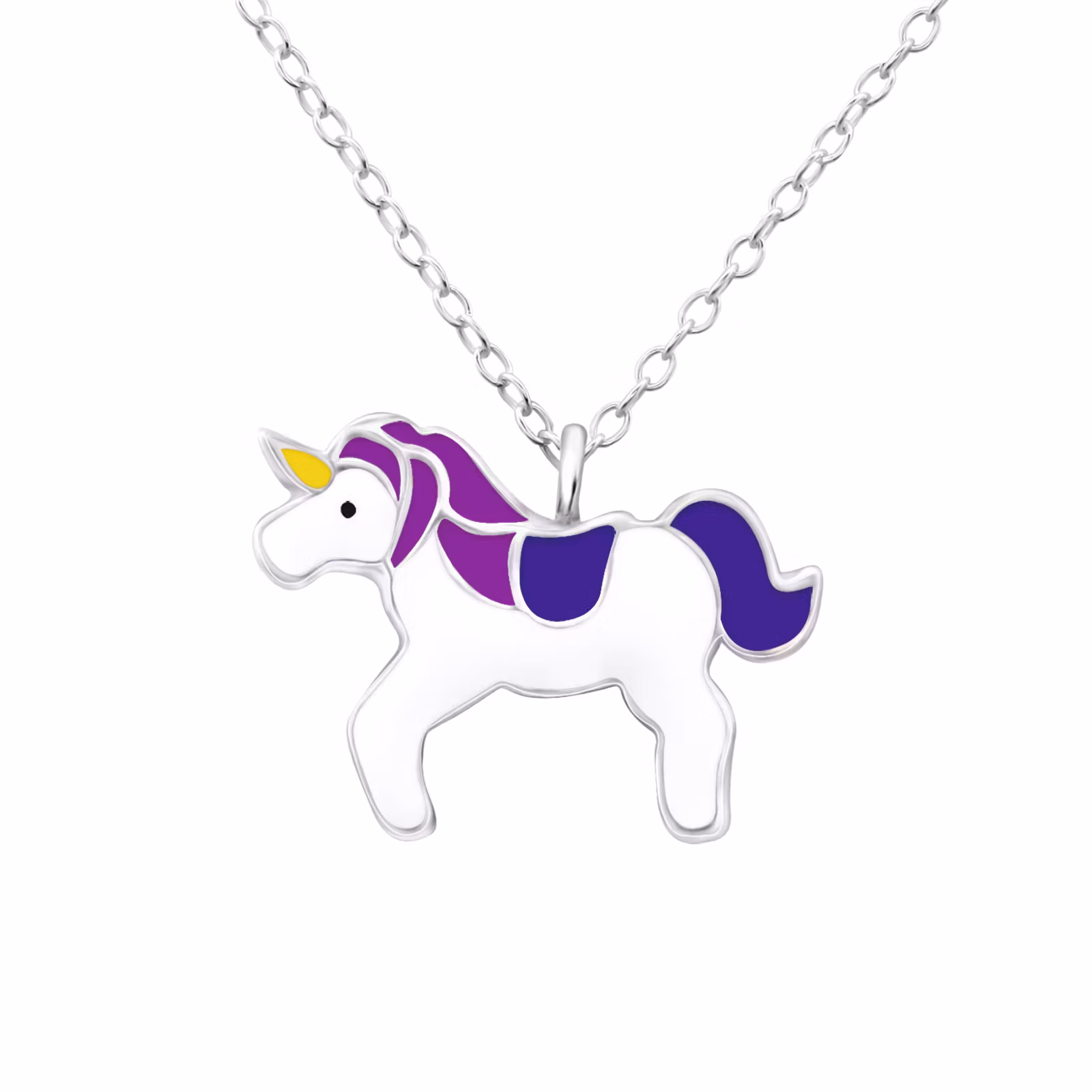 Barnhalsband Enhörning i vitt & lila - halsband till barn i äkta 925 sterling silver