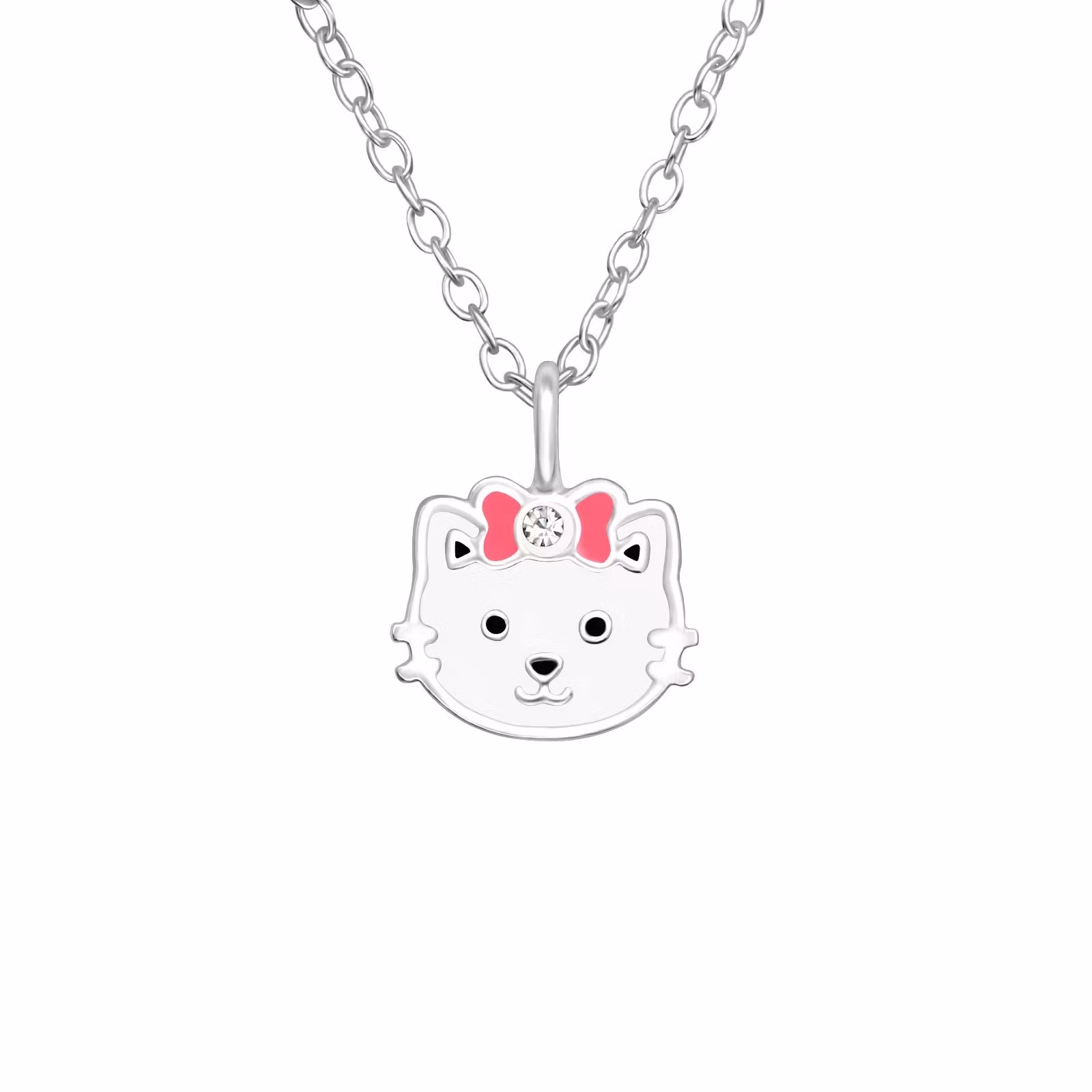 Barnhalsband Katt med rosa rosett - sött barnsmycke i äkta 925 sterling silver