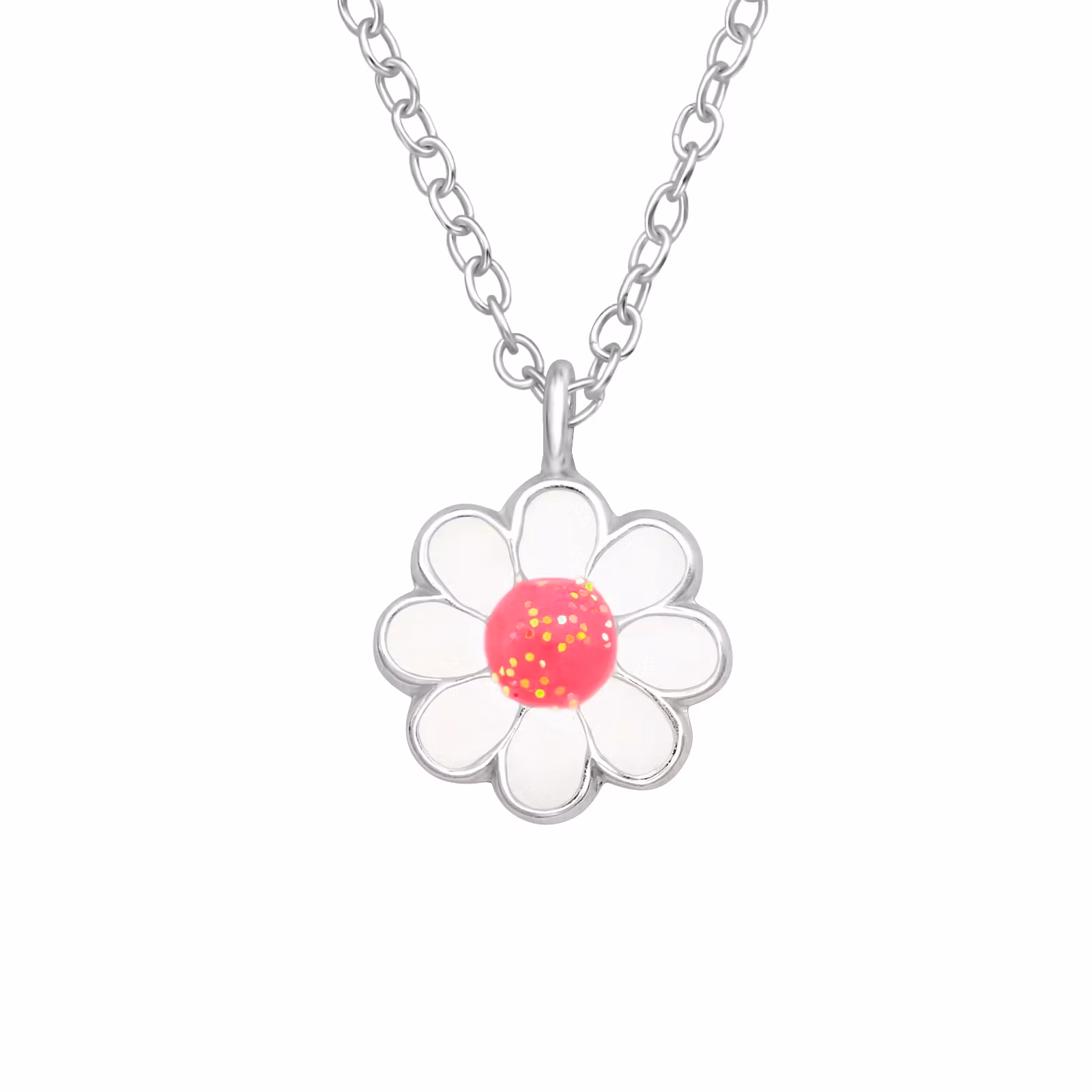 Barnhalsband Blomma vit & rosa - sött halsband till barn i äkta 925 sterling silver