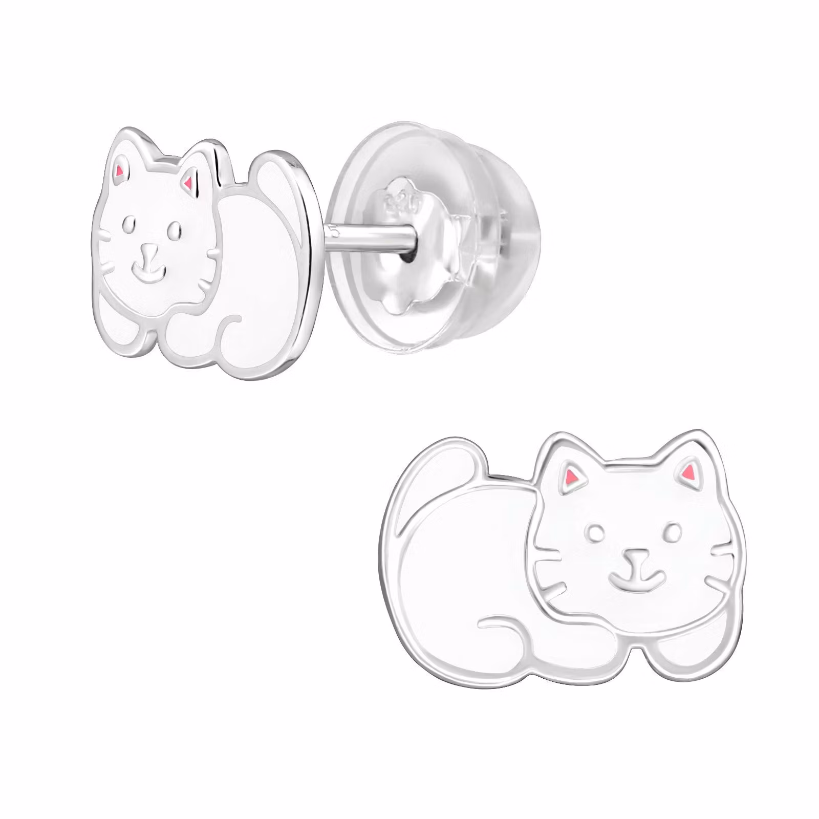 Barnörhängen liggande vit Katt - söta Sweethearts örhängen till barn med katter i äkta 925 sterling silver