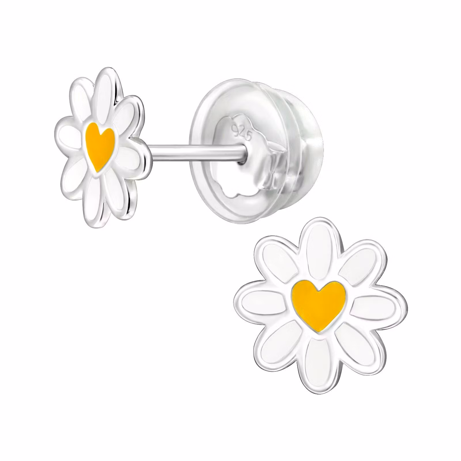Barnörhängen Prästkrage gult hjärta - söta Sweethearts örhängen till barn med blommor i äkta 925 sterling silver