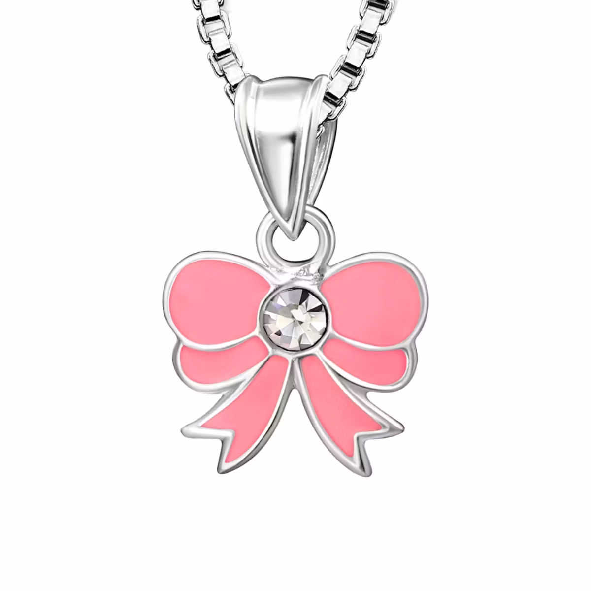 Doppresent flicka - barnhalsband rosa Rosett & liten glittrande sten i äkta 925 sterling silver