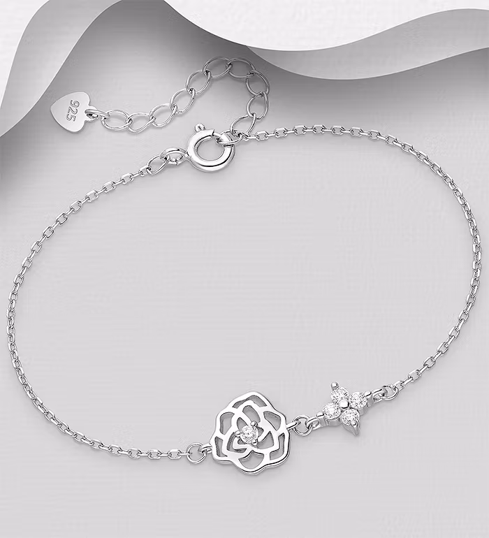 Sølvarmbånd med en rose og cubic zirkonia - ægte 925 sølv