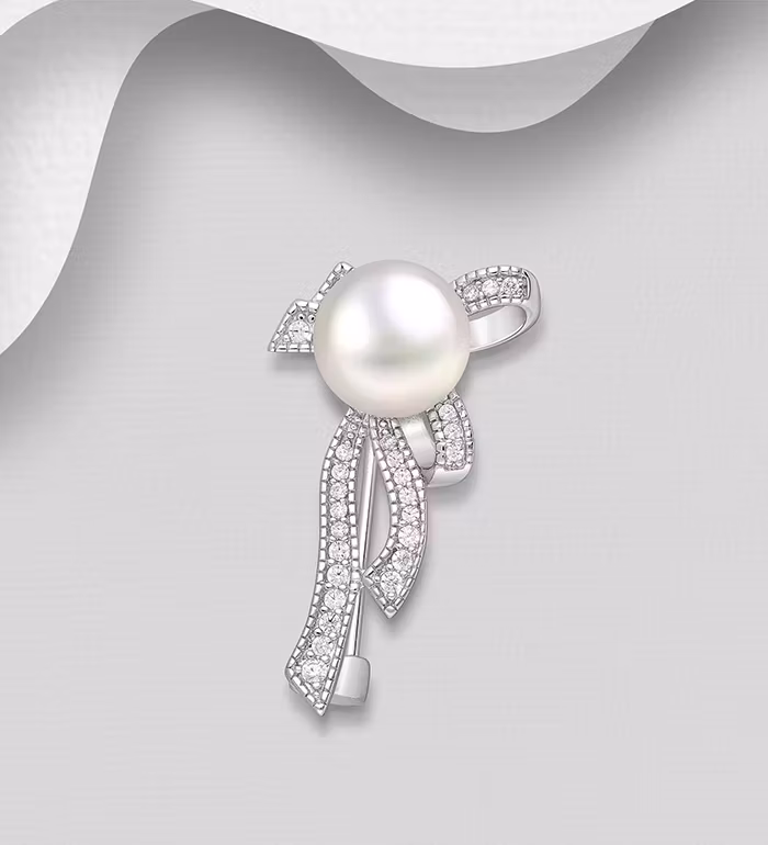 Sølvbroche smukt design med perle & Cubic Zirkonia