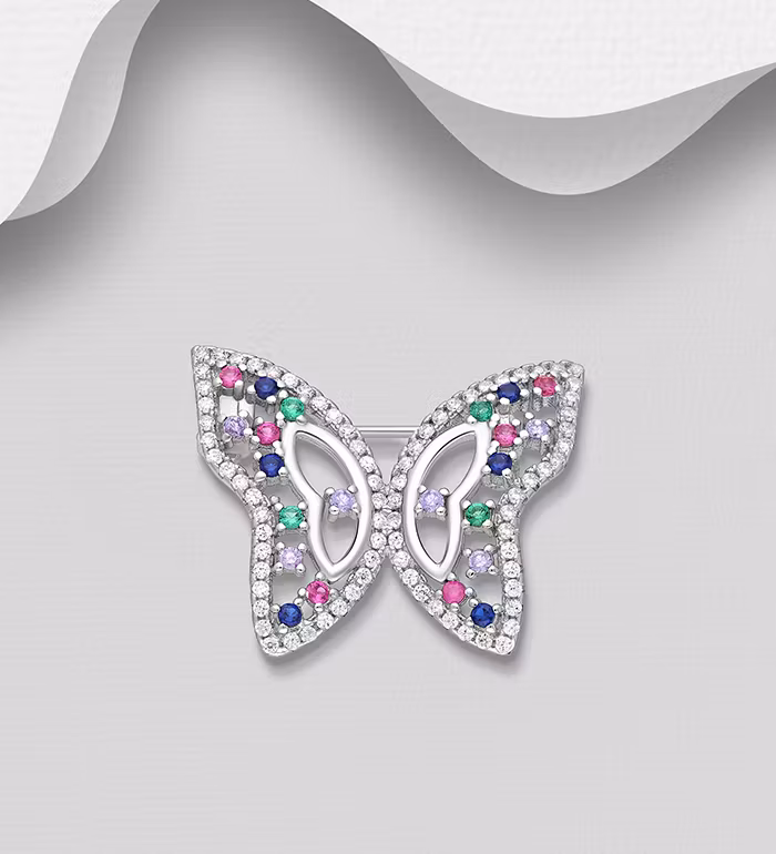 Sølvbroche sød Sommerfugl med farvede Cubic Zirkonia sten