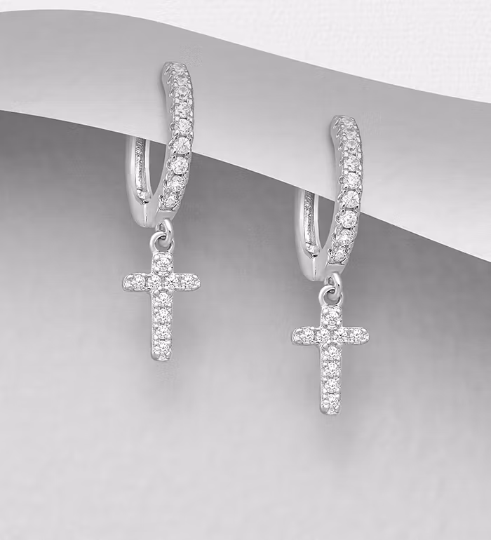 Sølvøreringe, søde hoops med glitrende kors med cubic