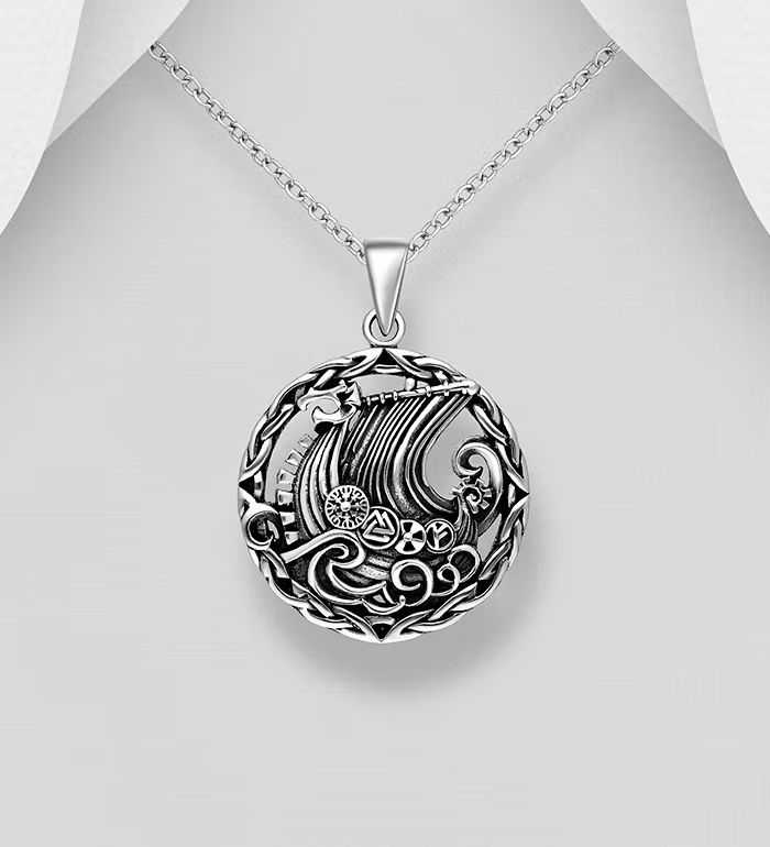 Sølvhalskæde dreng/herre - Medaljon med Vikingeskib