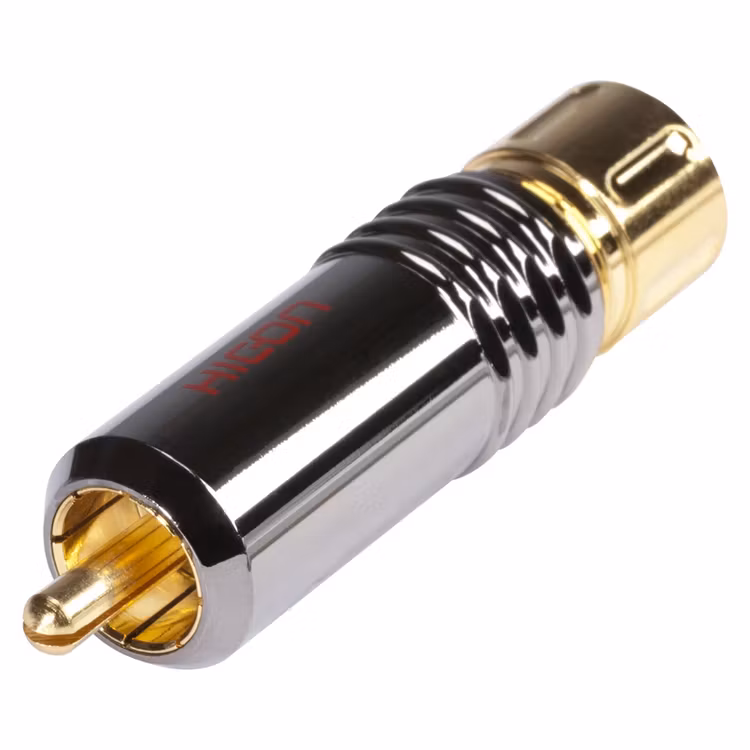 HiCon HI-CM18-RED RCA / phono-kontakt, spännhylsa, 2-polig, metall-, lödning-hankontakt, guldpläterade kontakt(er), rak, kromfärgadRCA-kontakt