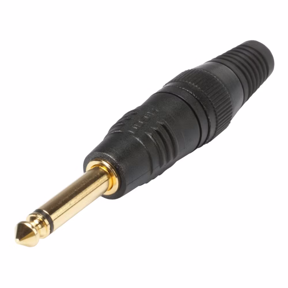 HICON HI-J63M03-G (6,3 mm) 2-polig metall-lödning-hane, guldpläterad stift, rak, svart