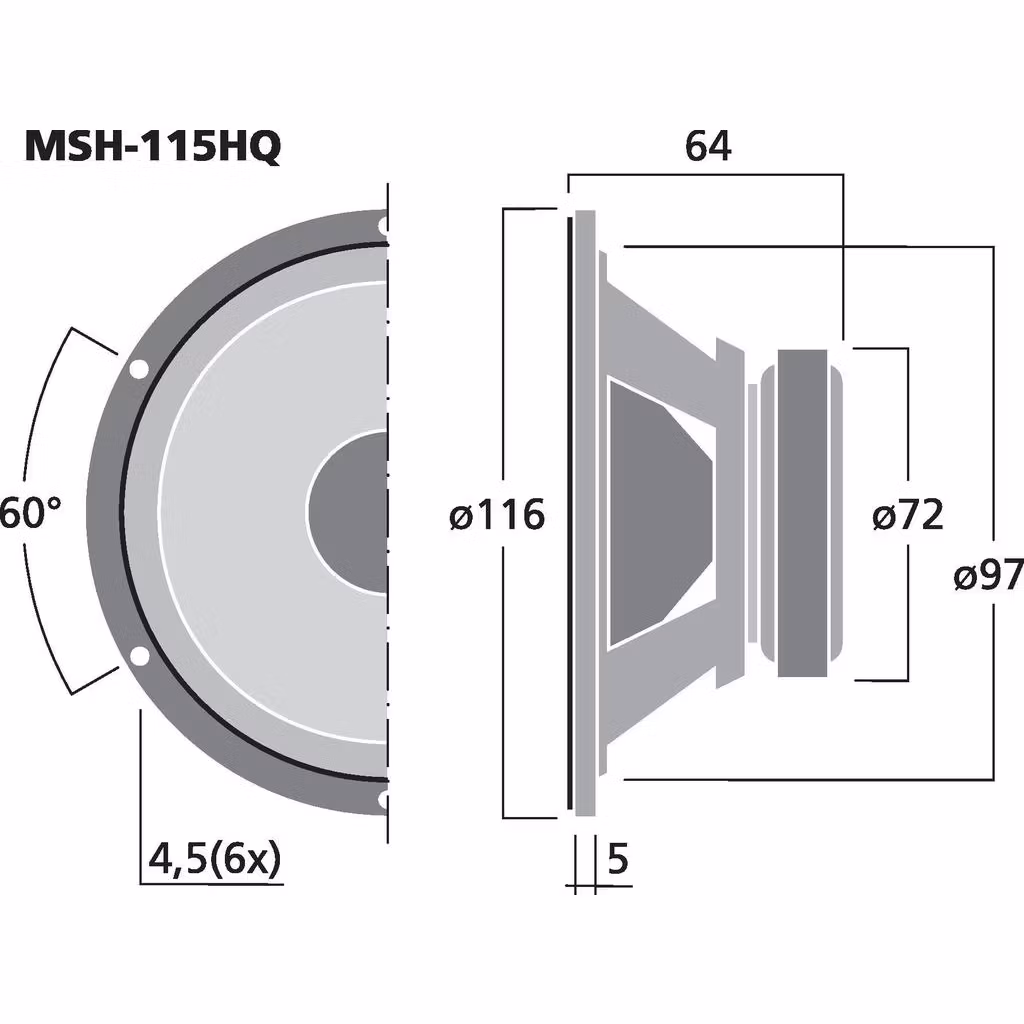 Monacor MSH-115HQ 4", 50Wrms, 8ohm mellanregisterhögtalare