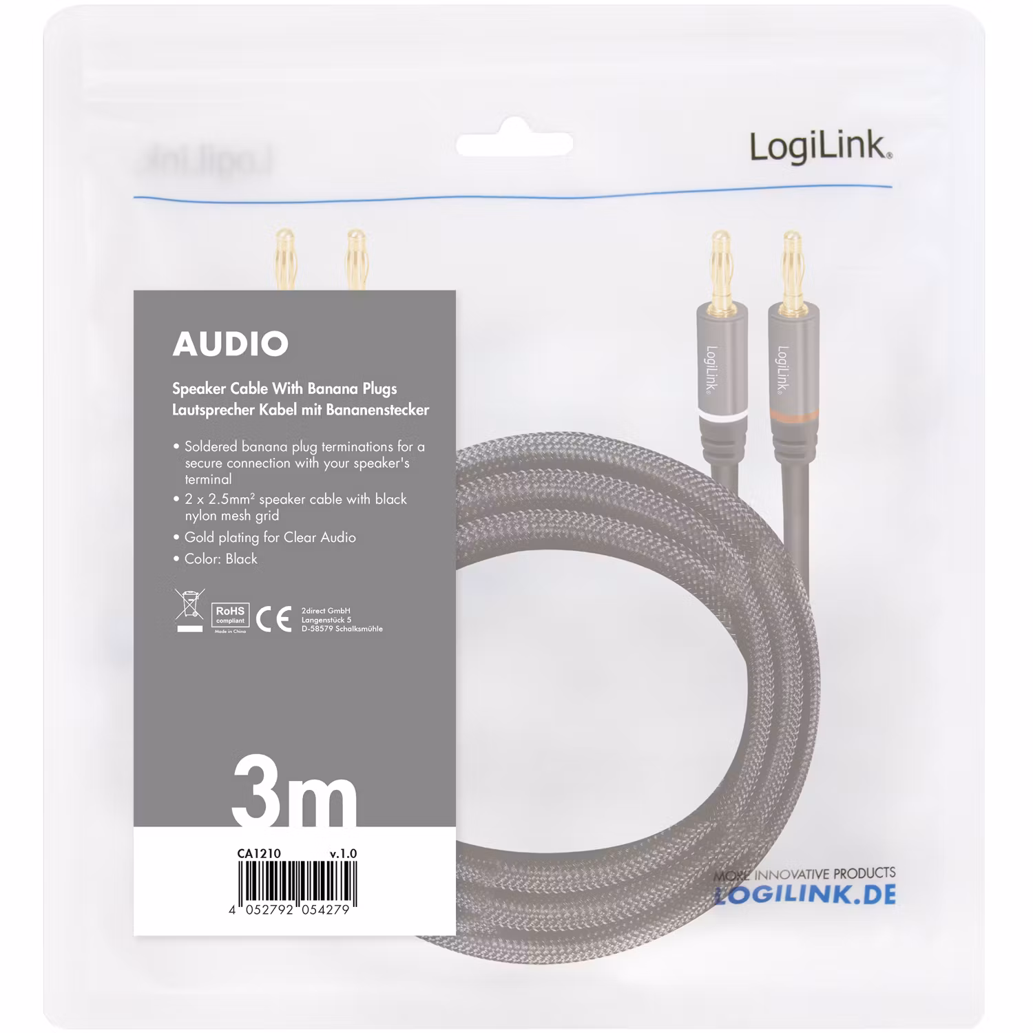 LogiLink Högtalarkabel 2x2,5 mm² med banankontakter Svart 3 meter