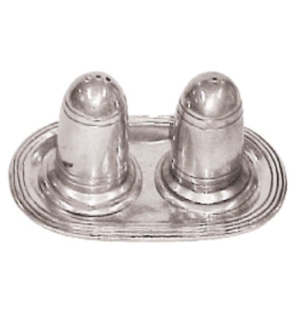 Set of classic salt and pepper shakers with tray, all made of pewter from Munka Tenn