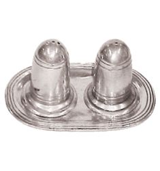 Set of classic salt and pepper shakers with tray, all made of pewter from Munka Tenn