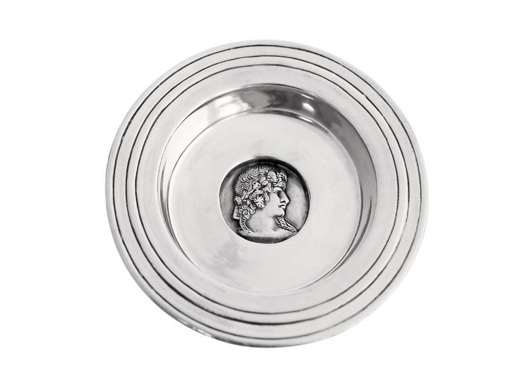 Skål, coaster, flaskställ i tenn med Pallas Athena medaljong i botten från Munka Tenn
