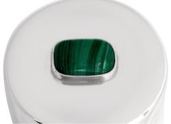 Ask i tenn, med sten i malakit på locket, rund 5 x 6 cm, från Munka Tenn