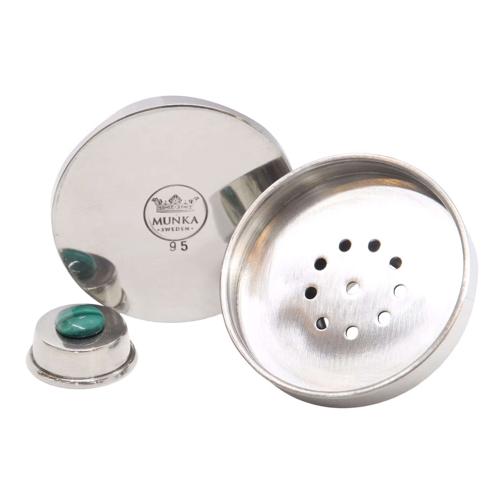 Cocktail shaker in pewter, in strict 30s-inspired design with malachite stone in the top from Munka Tenn