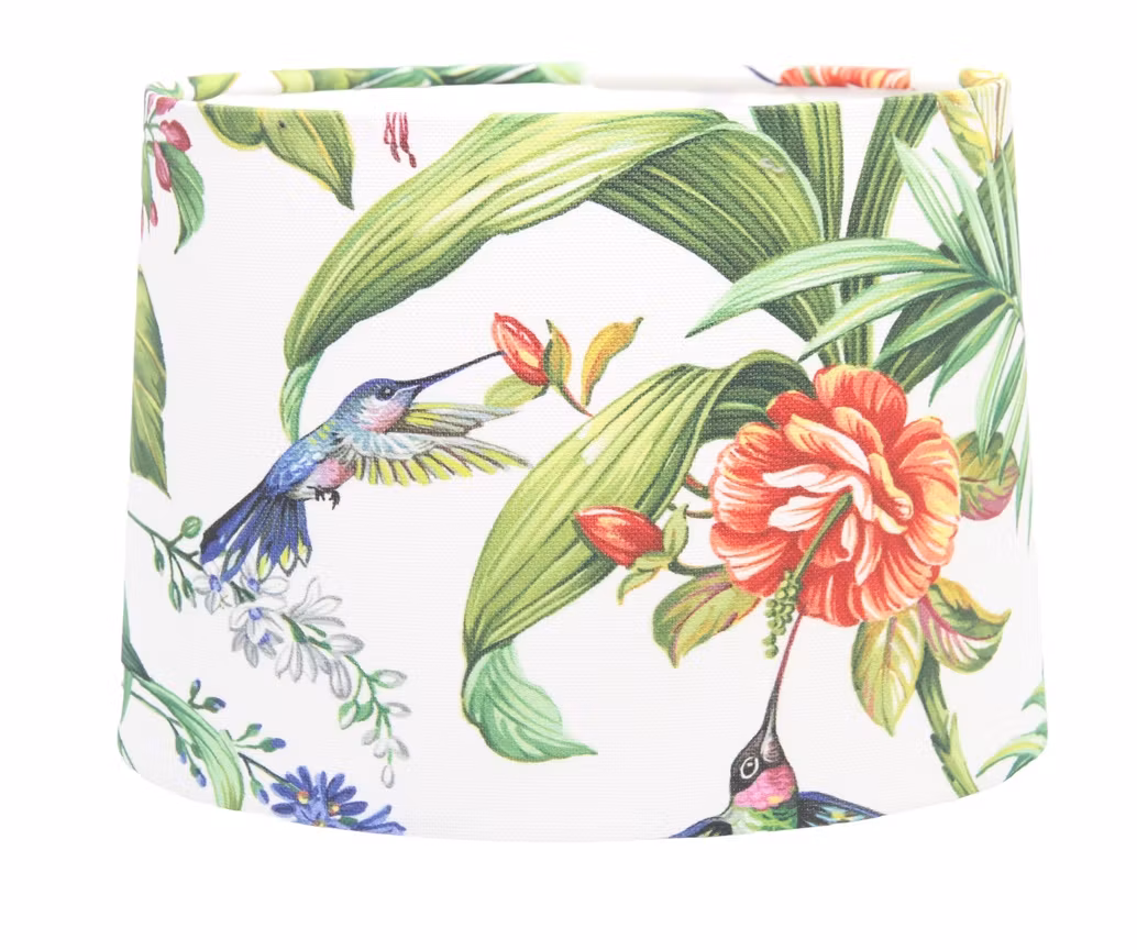 Kopia Lampskärm, oval med motiv av blommor och Kolibri, som passar till Munka Tenns lampor