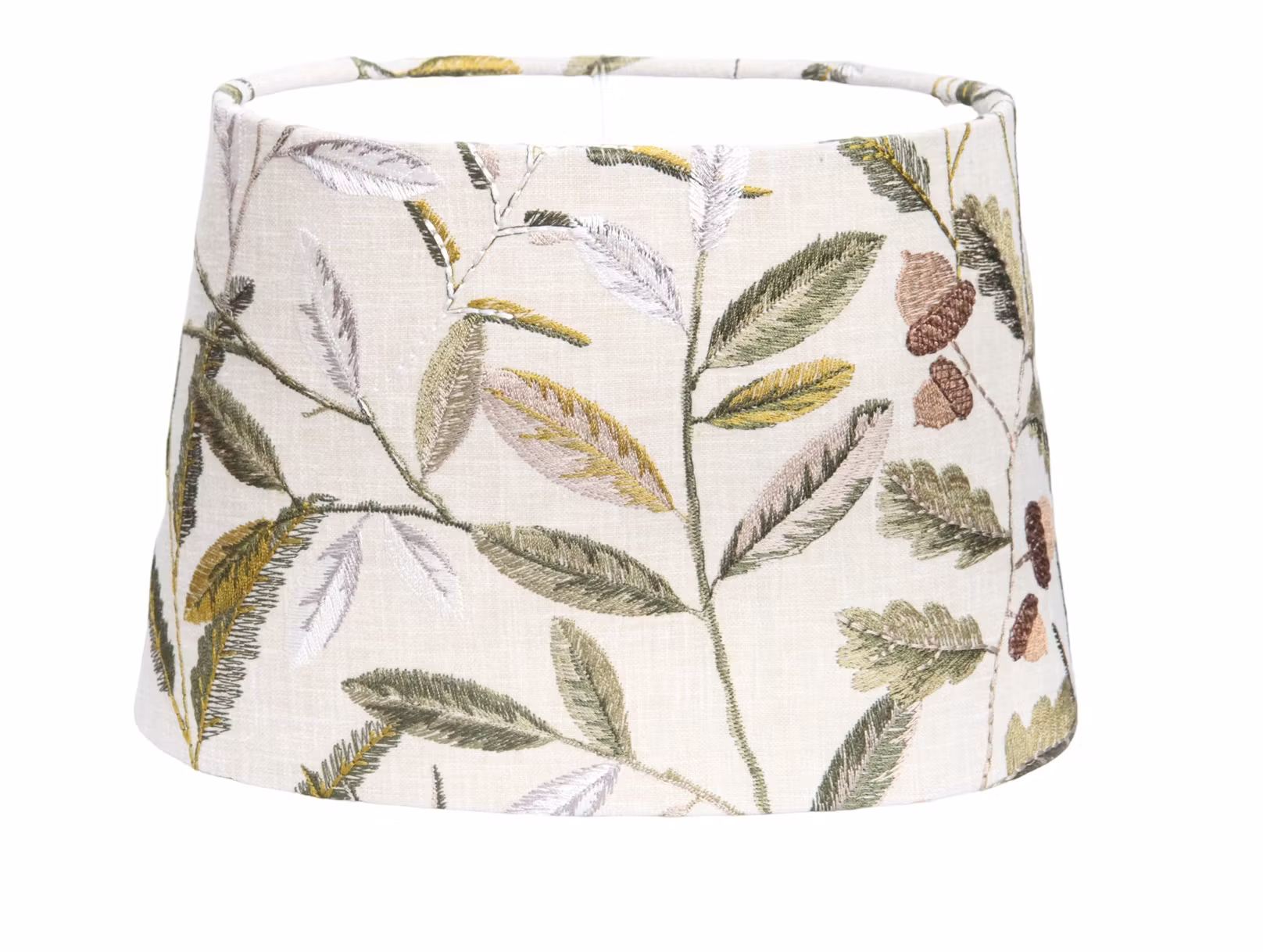 Lampskärm, oval med motiv av bland annat eklöv och ekollon,