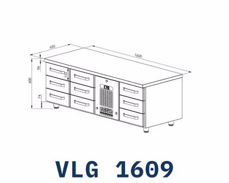 Grillkylbänk VLG-1609 9xLådor Med Ram För GN1/1-100mm, 1600x650x600mm, COOLPART