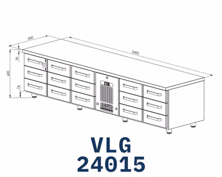 Grillkylbänk VLG-24015 15xLådor Med Ram För GN1/1-100mm, 2400x650x600mm, COOLPART