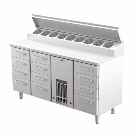Kallskänkskylbänk KLE-16012 9xLådor Med Ram För GN1/1-100mm+3GN1/1-150, 1600x650x900mm, COOLPART