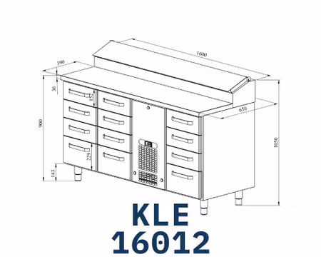 Kallskänkskylbänk KLE-16012 9xLådor Med Ram För GN1/1-100mm+3GN1/1-150, 1600x650x900mm, COOLPART