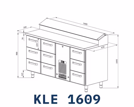Kallskänkskylbänk KLE-1609 9xLådor Med Ram För GN1/1-150mm, 1600x650x900mm, COOLPART