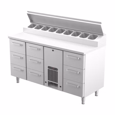Kallskänkskylbänk KLE-1609 9xLådor Med Ram För GN1/1-150mm, 1600x650x900mm, COOLPART