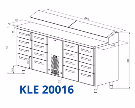 Kallskänkskylbänk KLE-20016 12xLådor Med Ram För GN1/1-100+4xGN1/1-150, 2000x650x900mm, COOLPART
