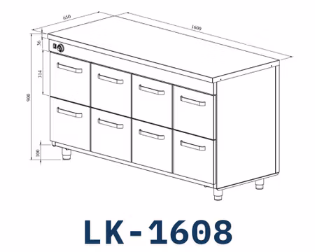 Värmeskåp Med Neutral Toppskiva LK-1608, 8st Lådor Med Ram För GN1/1-200mm, 1600x650x900mm, COOLPART