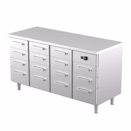 Värmeskåp Med Neutral Toppskiva LK-16015, 11st Lådor Med Ram För GN1/1-100mm+4st GN1/1-150mm, 1600x650x900mm, COOLPART
